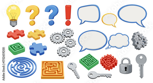 Illustration showing lightbulb, question marks, exclamation point, and various problem solving elements on transparent background