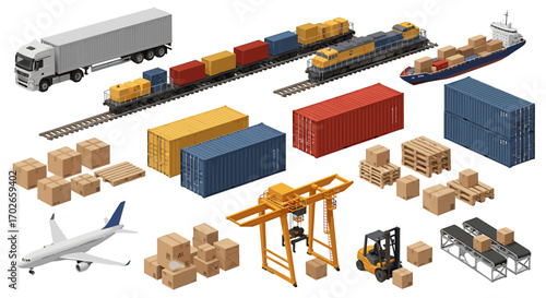 Isometric view showing various modes of transportation including truck train ship and airplane with cargo containers on transparent background
