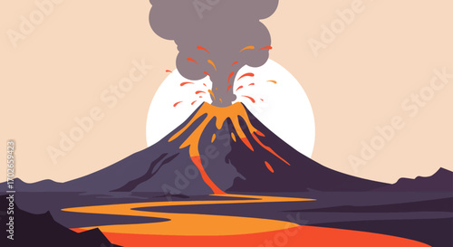 Stylized Volcano Erupting with Lava Flow and Ash Cloud