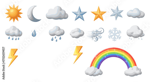 Weather icons including sun moon clouds stars rain wind snowflake lightning and rainbow displayed on transparent background