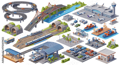 Isometric illustration depicting a city with roads, trains, airport, and port facilities in detail on transparent background