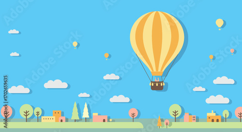 Whimsical Yellow Hot Air Balloon with Bunny Passenger Soaring Above Town