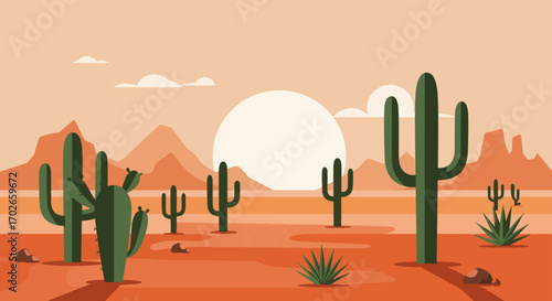 Stylized Desert Landscape with Saguaro Cacti and Mountains