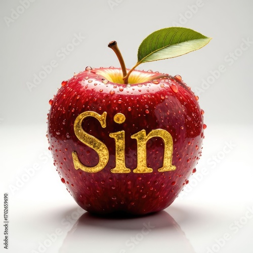 A red apple with golden lettering for the word 'Sin'