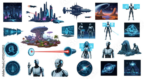 A collection of futuristic and sci fi themed illustrations featuring robots landscapes and technology on transparent background