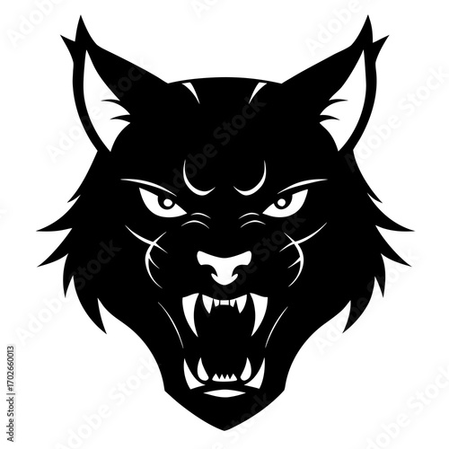 Black silhouette of an angry wolf showing its teeth on transparent background