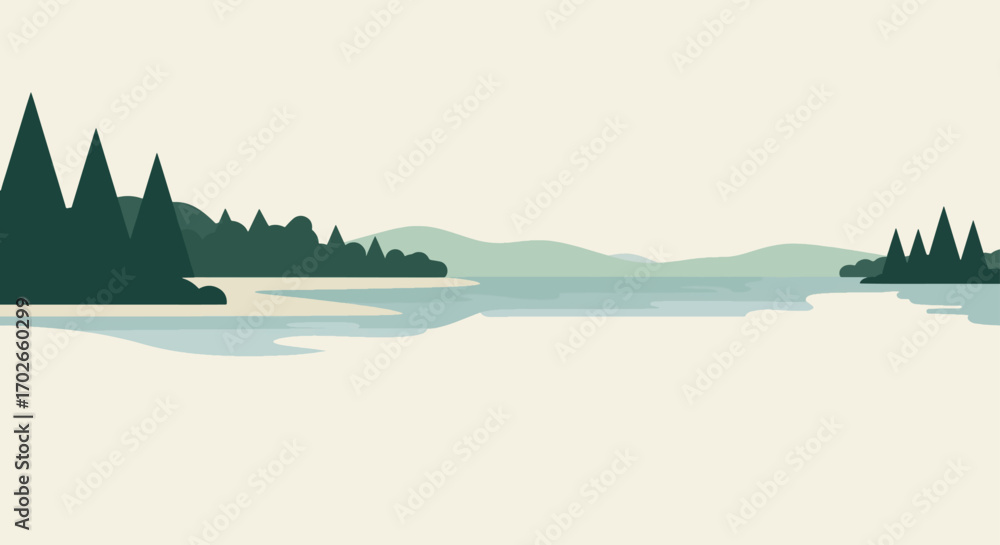Naklejka premium Serene Landscape of Dark Green Pine Forests and Calm Blue Water