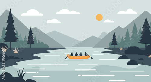Four People Rafting Down a River in a Mountainous Landscape