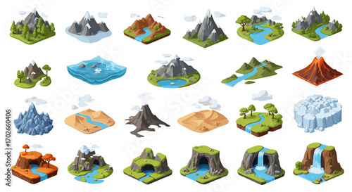 Isometric landscape elements featuring mountains, volcanoes, rivers, trees, and various terrains and caves on transparent background