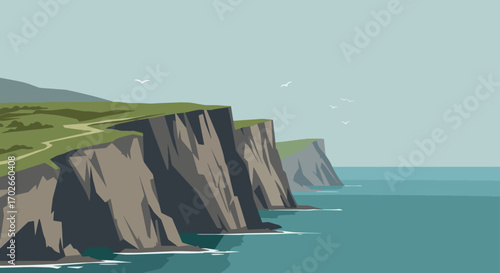 Serene coastal cliffs meet tranquil blue ocean waters