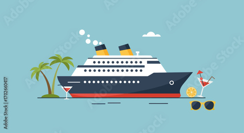 A stylized cruise ship with tropical elements and vacation accessories