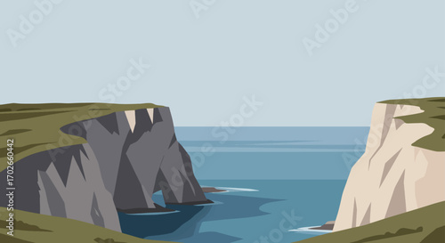 Dramatic coastal cliffs meet the vast ocean under a pale sky