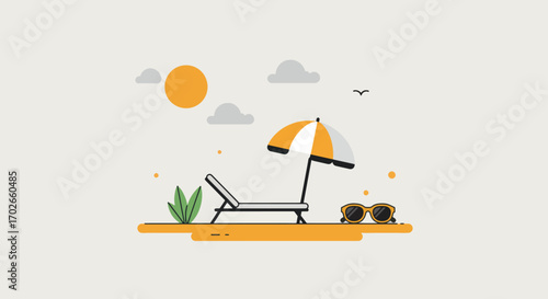Minimalist Beach Scene with Sun Lounger, Umbrella, and Sunglasses