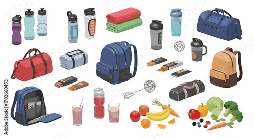 A collection of gym essentials including bags, water bottles, towels, snacks, and fresh produce items seen on transparent background