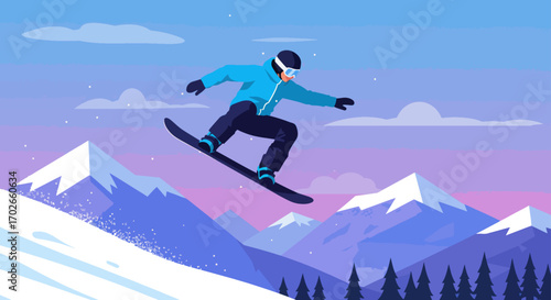 A Snowboarder Soars Through the Air Over Snowy Mountains