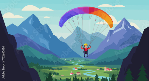 Cheerful paraglider soaring over a picturesque mountain valley landscape