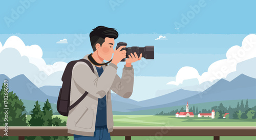 Young man with backpack taking photos of scenic landscape with camera