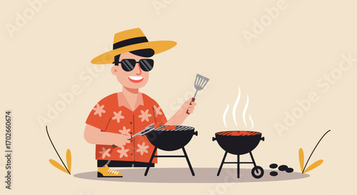 Cheerful man in Hawaiian shirt grilling food at barbecue