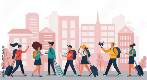 Diverse group of tourists exploring a city with luggage and maps