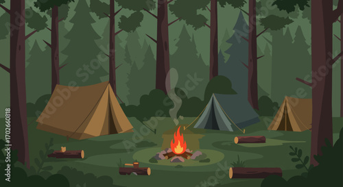 Cozy Forest Campsite with Tents and Crackling Campfire Scene