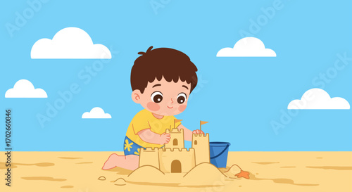 Young boy happily building a sandcastle on a sunny beach