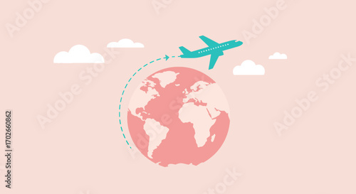 Teal Airplane Flies Around Pink Earth with Clouds