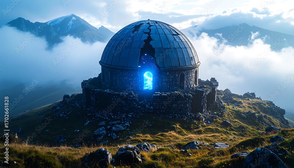 Obraz premium Dome Building Ruins on Mountain Top with Bright Glowing Portal