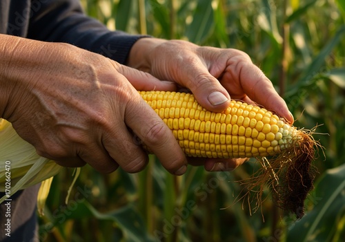 Experienced farmer's hands carefully shucking a freshly harvested sweet corn cob in a vibrant green field.
