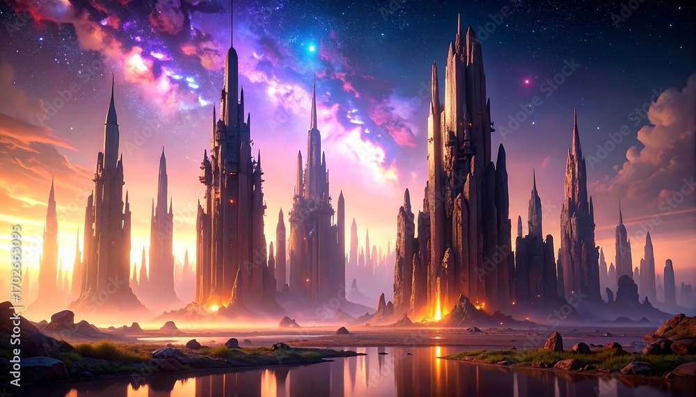 Fototapeta premium Dreamlike Cityscape with Tall Structures Under a Colorful Sky