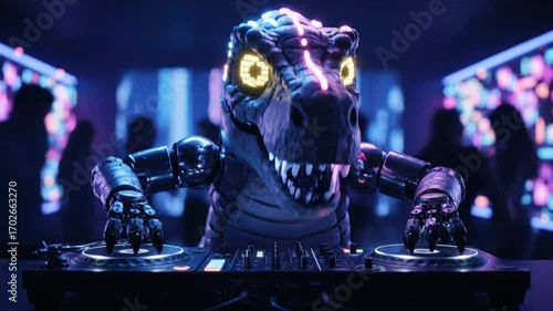 Robotic dinosaur DJ mixing music at a vibrant party with dynamic lighting and dancing silhouettes in background