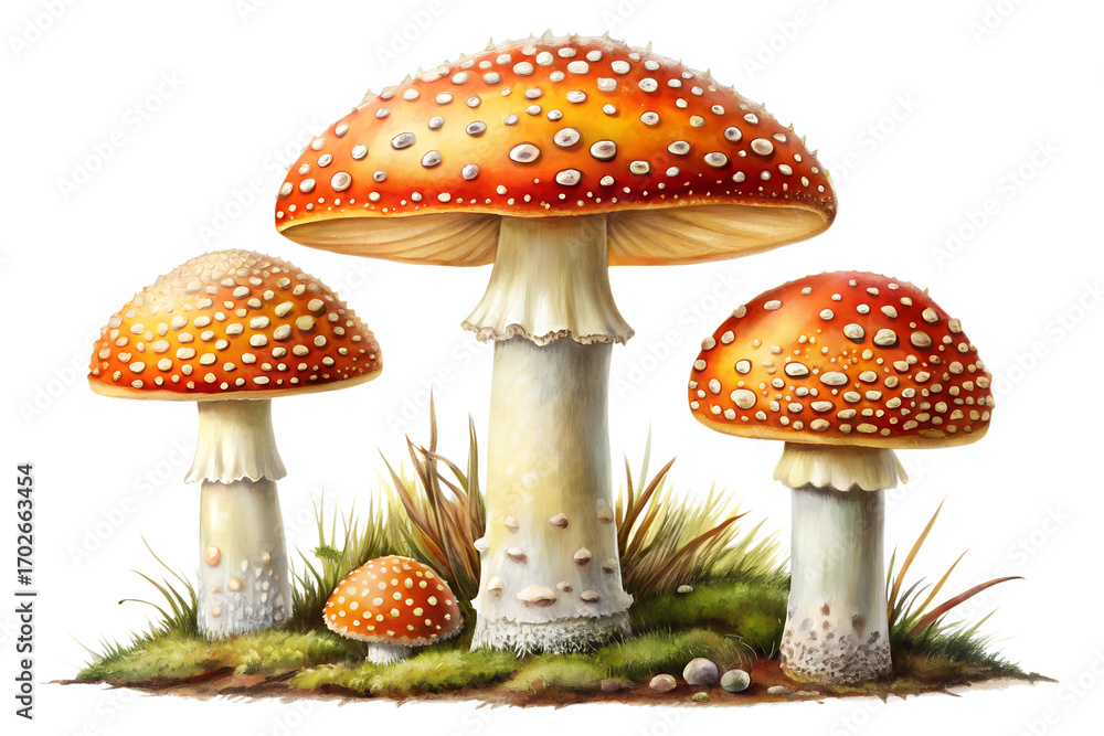 Obraz premium Vibrant fly agaric mushrooms with white spots growing in lush green grass and isolated on transparent background