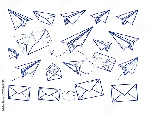 Hand-drawn paper planes and envelopes