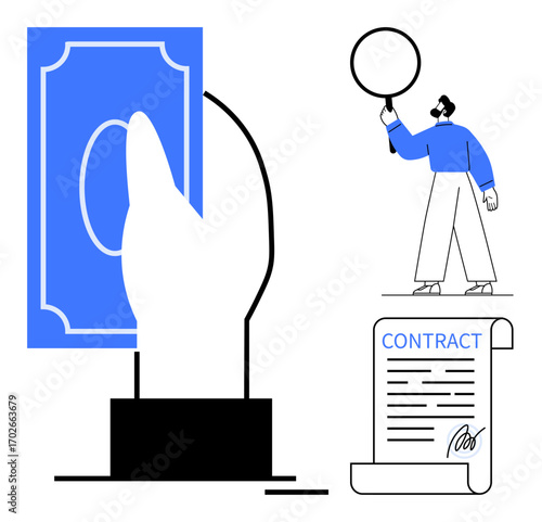 Hand presenting cash, man examining with magnifying glass, signed contract paper. Ideal for finance, contract review, agreement, transaction, investment, legal services simple landing page