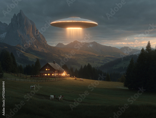 a rural scene with a large, metallic, flying saucer-like object hovering above a farm house and fenced fields. The backdrop features majestic snow-capped mountains under a partly cloudy sky.