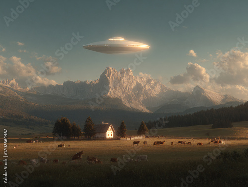 a rural scene with a large, metallic, flying saucer-like object hovering above a farm house and fenced fields. The backdrop features majestic snow-capped mountains under a partly cloudy sky.