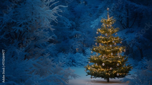 A solitary decorated christmas tree glows with warm lights in a dark snowy forest at twilight