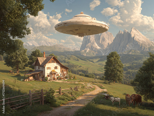 a rural scene with a large, metallic, flying saucer-like object hovering above a farm house and fenced fields. The backdrop features majestic snow-capped mountains under a partly cloudy sky.