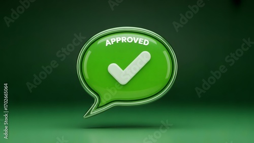 
This image features a three-dimensional green speech bubble with a large, white checkmark in the center. The word 