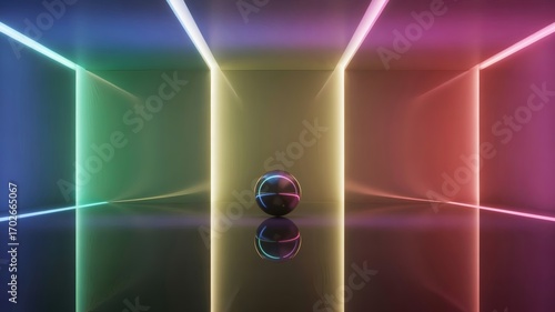 
This image shows a futuristic, symmetrical room defined by glowing neon light strips that outline the corners of the walls and ceiling. The lights cycle through a rainbow of colors, creating a vibran