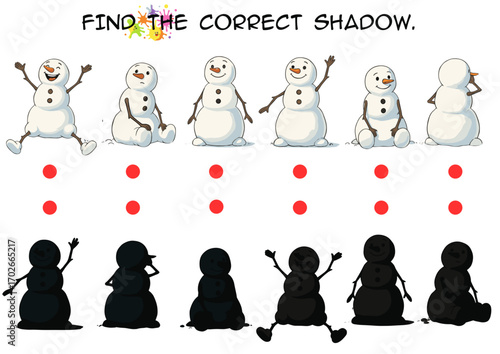Snowmen illustrations with shadows for kids' activity sheet  