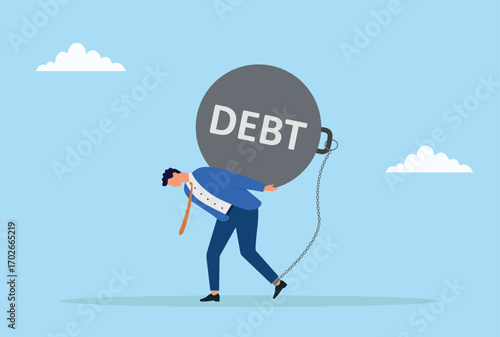 Vector illustration of a businessman carrying a heavy dumbbell labeled 'DEBT' on his back, representing financial burden, stress, and the struggle of overcoming liabilities

