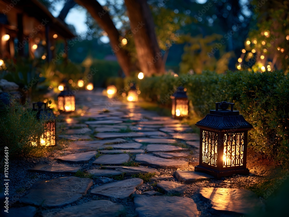Fototapeta premium A serene garden pathway illuminated by lanterns at dusk, surrounded by lush greenery