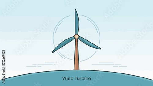 Stylized flat vector illustration of a wind turbine, an icon representing renewable resources, sustainable development, and eco-friendly electricity production