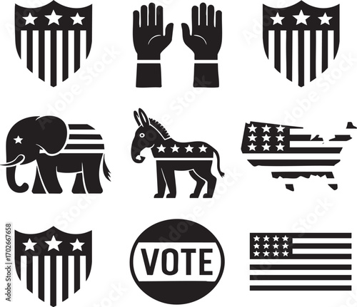 PrintPolitical symbols featuring american flag elements and party animals on a light background image