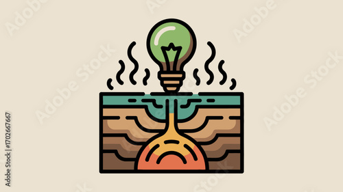 Vector illustration of geothermal energy, showcasing a lightbulb powered by natural heat from the earth's core as a symbol of renewable power