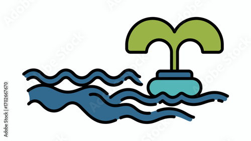 Minimalist icon of a young green plant floating on wavy blue water, representing environmental concepts, growth, and new life