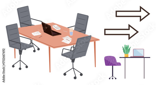 Office conference table surrounded by chairs, papers, and laptop, arrows hinting at movement. Adjacent desk with laptop and plant. Ideal for workflow, teamwork, business planning, organization