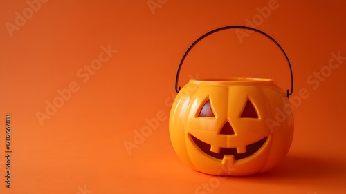 A bright orange plastic jack o lantern candy bucket with a handle sits on a solid orange background creating a festive halloween atmosphere
