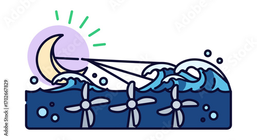 Renewable ocean energy concept with wind turbines harnessing wave power under a crescent moon and sun, symbolizing sustainability