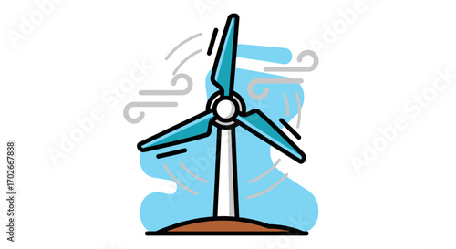 A modern flat line illustration of a wind turbine spinning, symbolizing renewable wind power, clean electricity, and sustainable technology